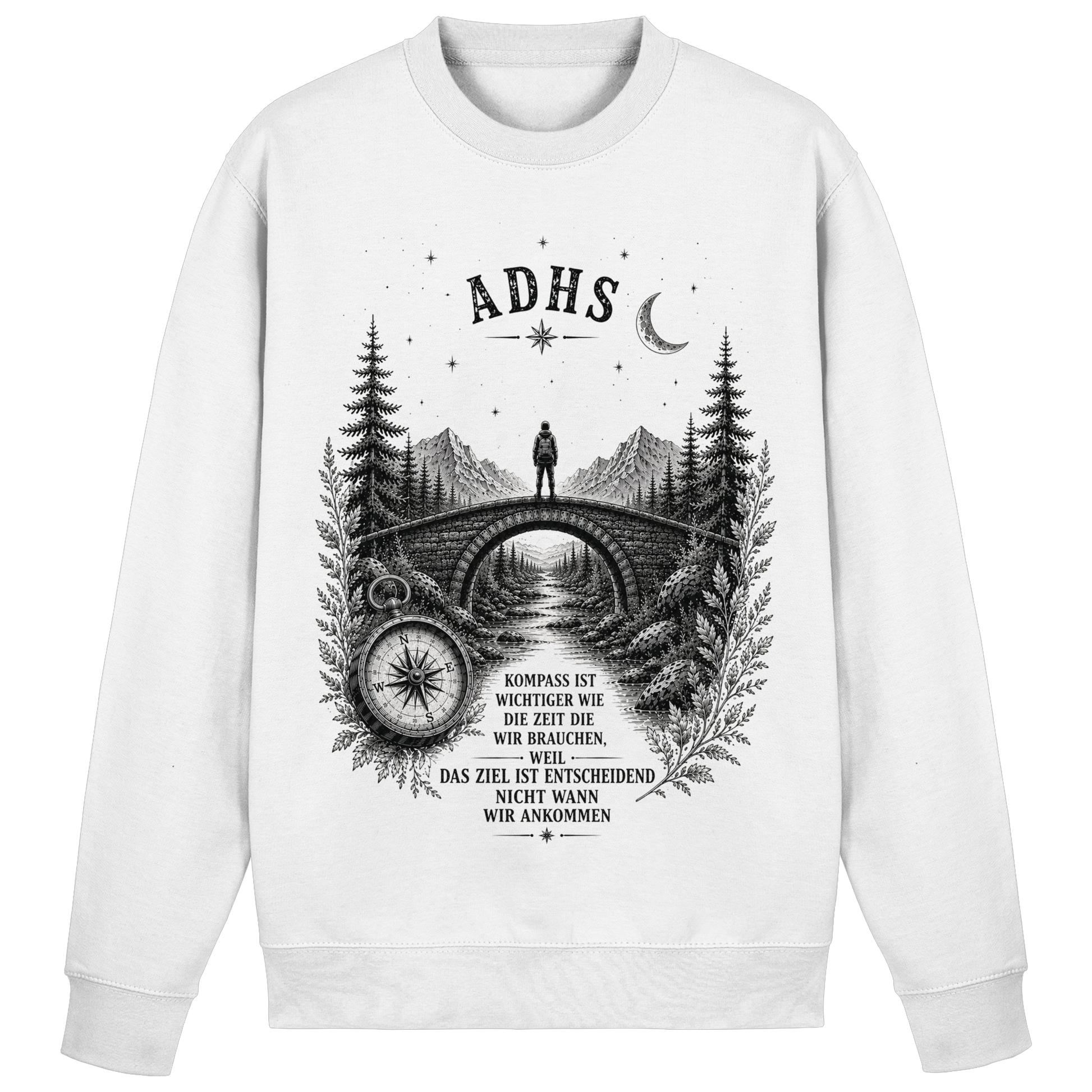 ADHS Kompass Sweatshirt  – Vintage Motivationsshirt mit Natur, Brücke & Kompass