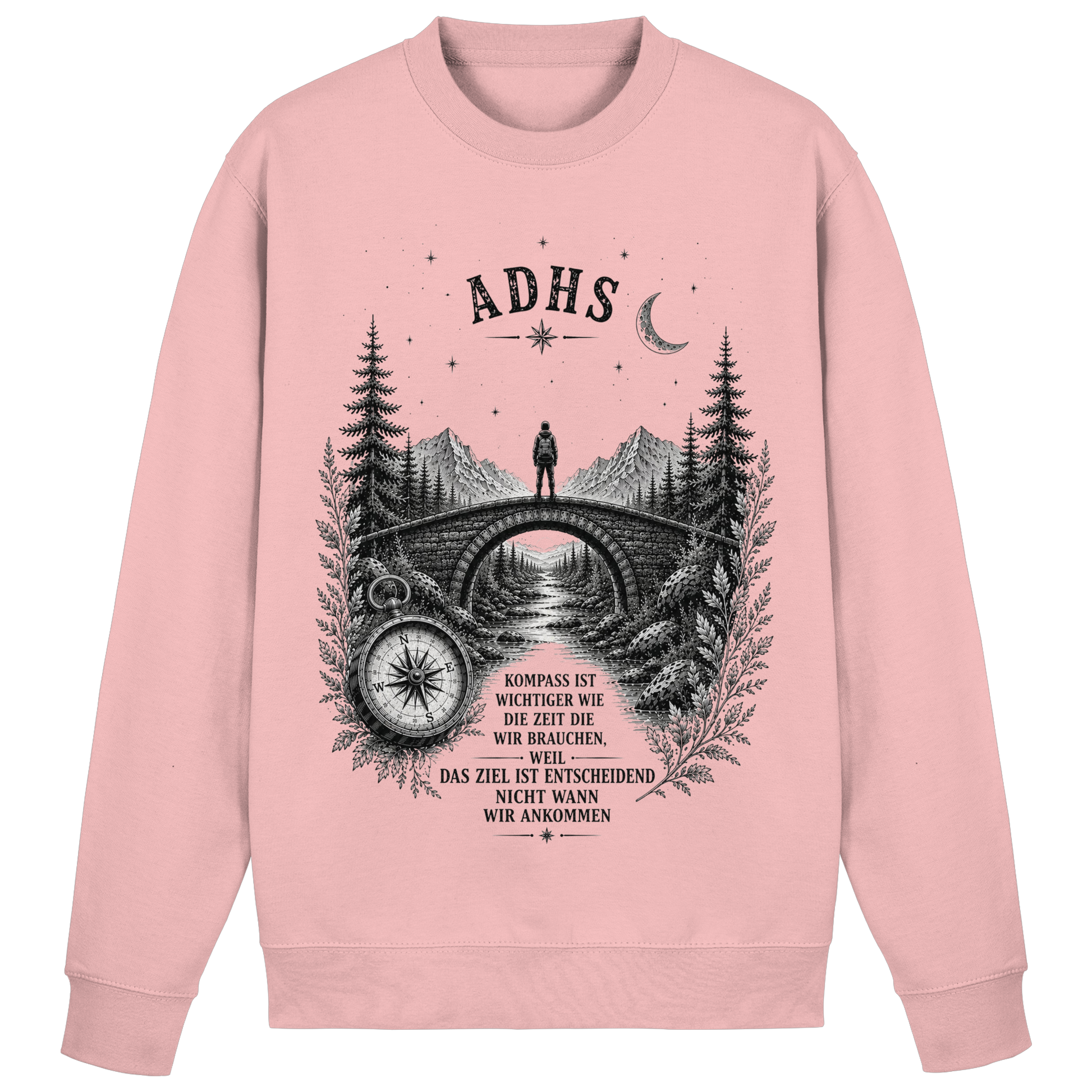ADHS Kompass Sweatshirt  – Vintage Motivationsshirt mit Natur, Brücke & Kompass