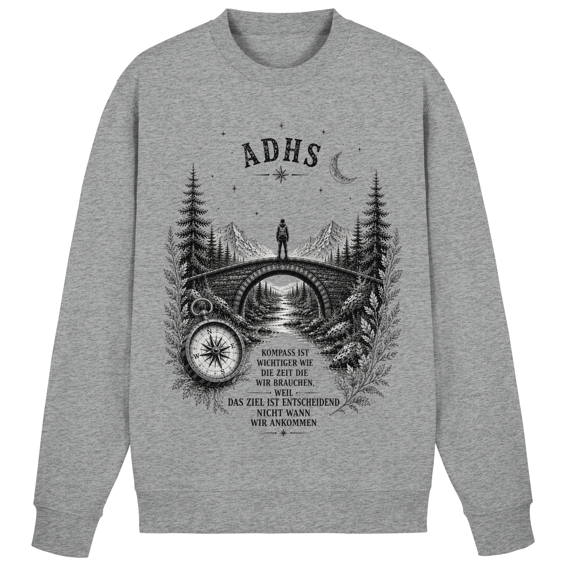 ADHS Kompass Sweatshirt  – Vintage Motivationsshirt mit Natur, Brücke & Kompass