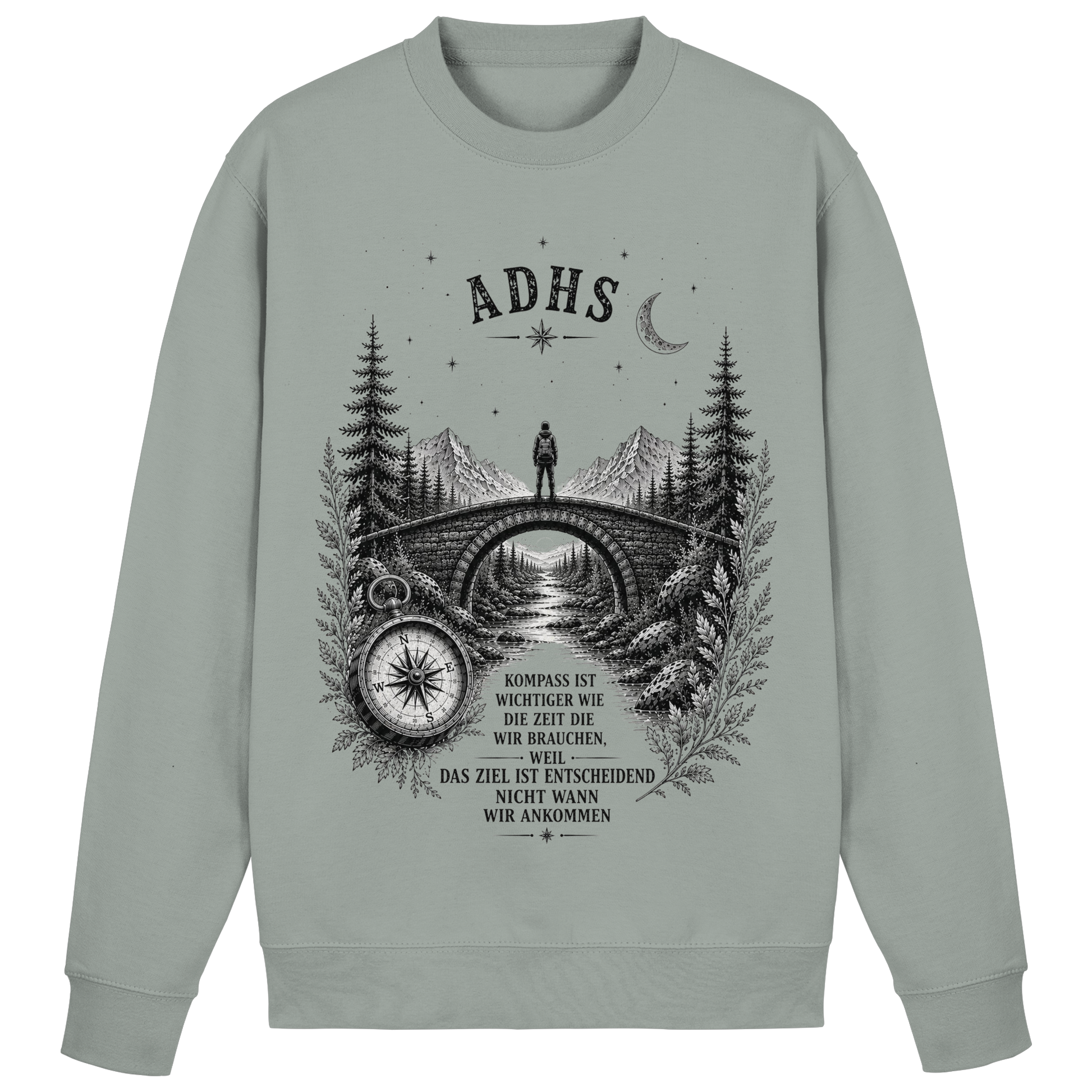 ADHS Kompass Sweatshirt  – Vintage Motivationsshirt mit Natur, Brücke & Kompass