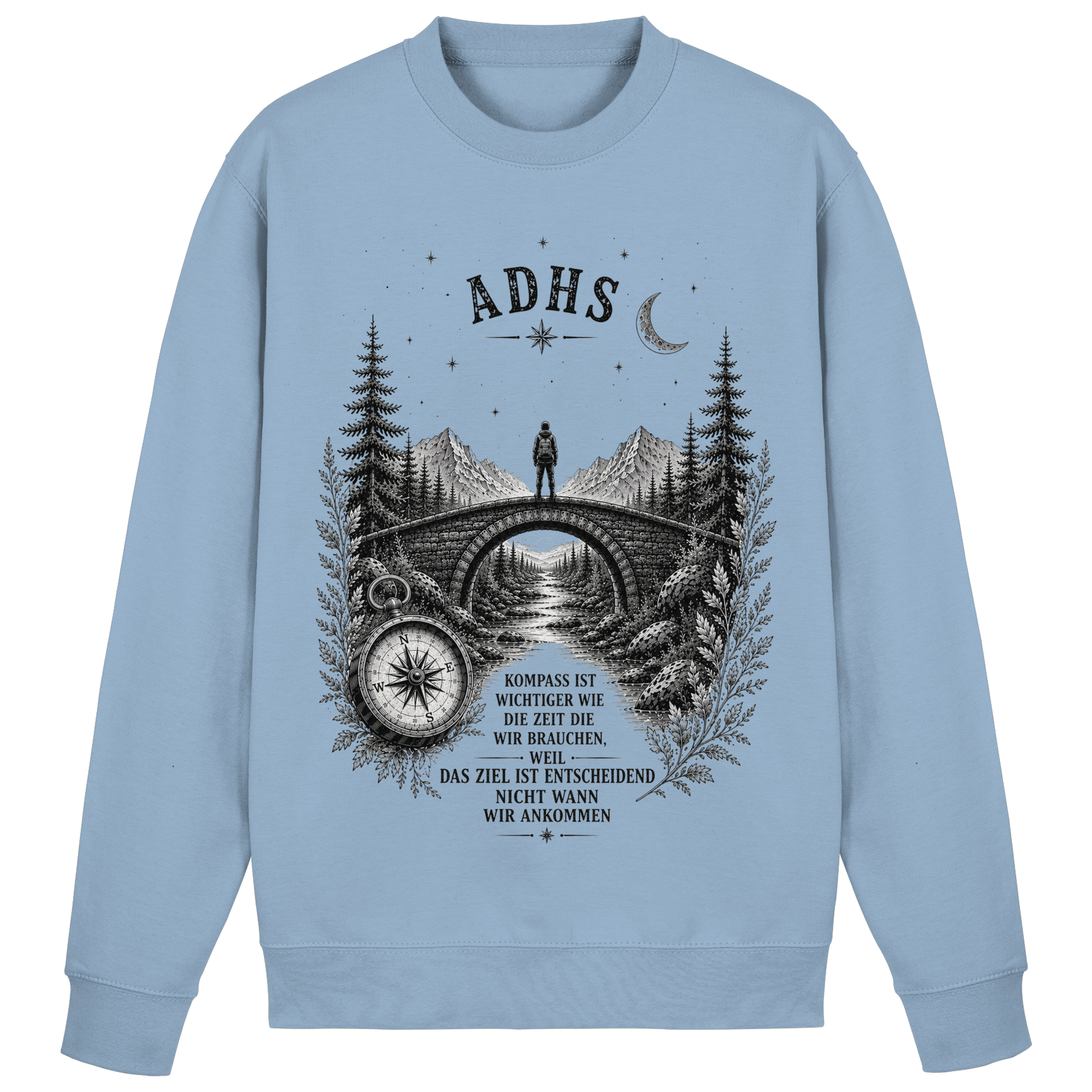 ADHS Kompass Sweatshirt  – Vintage Motivationsshirt mit Natur, Brücke & Kompass