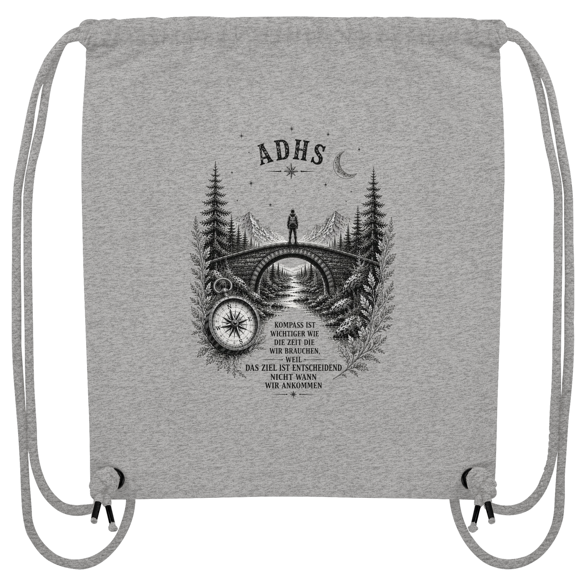 ADHS Kompass Gym Bag – Vintage Motivationsshirt mit Natur, Brücke & Kompass