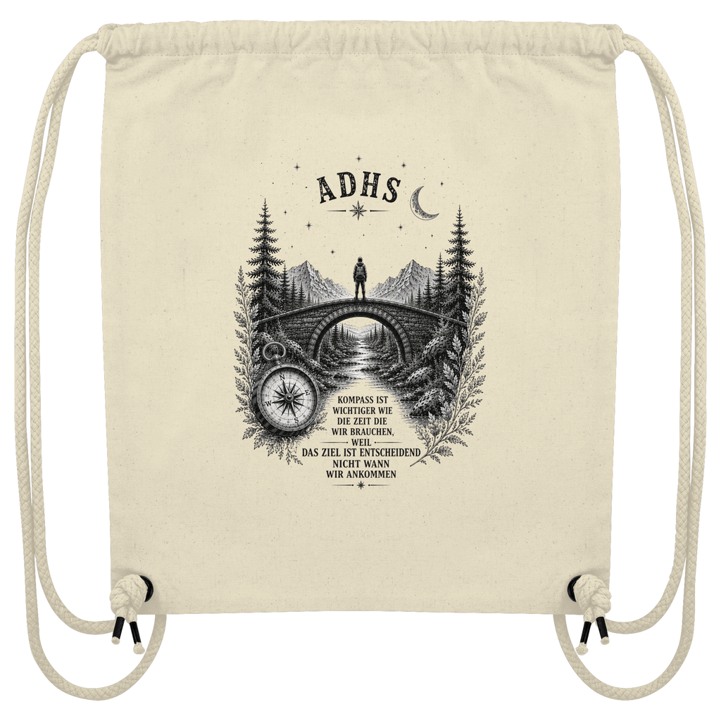 ADHS Kompass Gym Bag – Vintage Motivationsshirt mit Natur, Brücke & Kompass