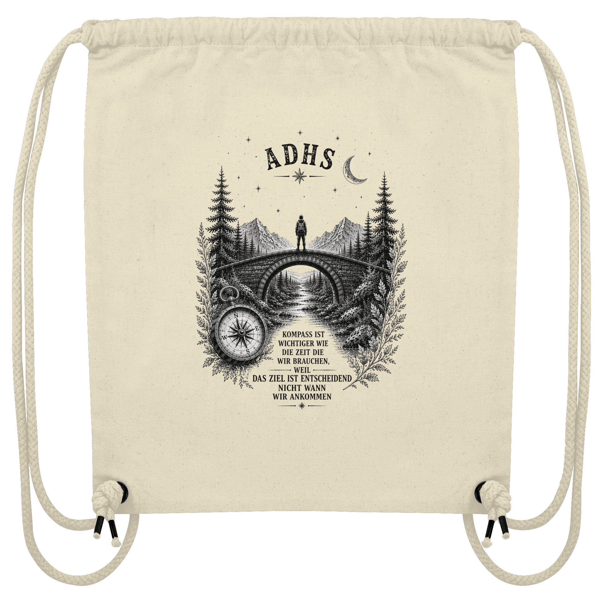 ADHS Kompass Gym Bag – Vintage Motivationsshirt mit Natur, Brücke & Kompass