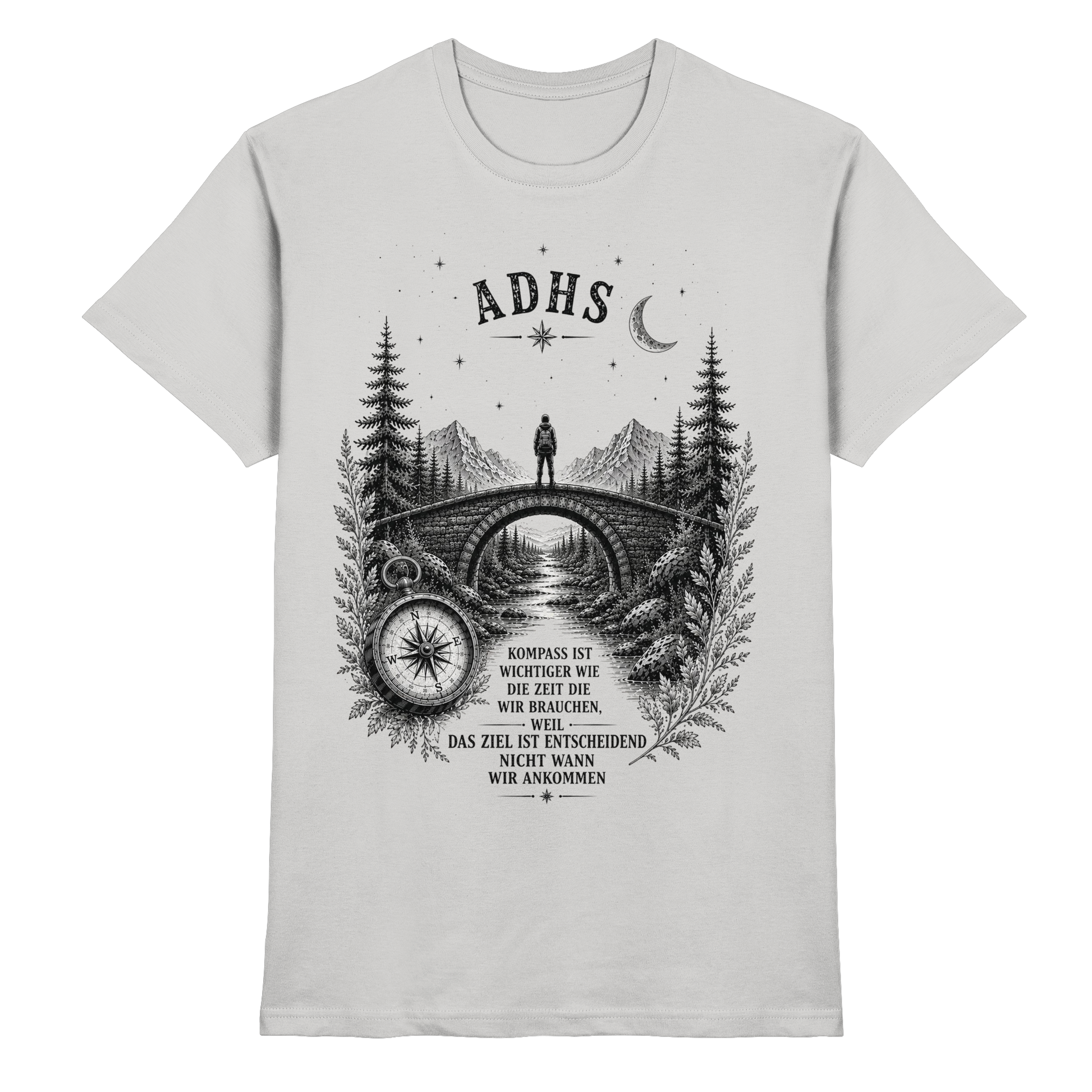 ADHS Kompass Shirt – Vintage Motivationsshirt mit Natur, Brücke & Kompass