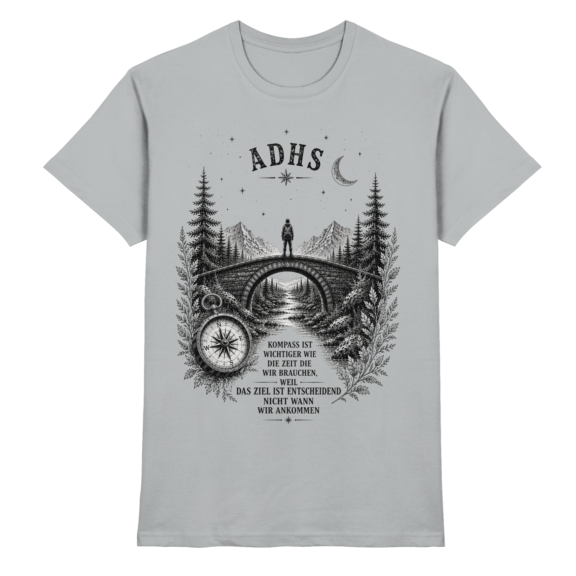 ADHS Kompass Shirt – Vintage Motivationsshirt mit Natur, Brücke & Kompass