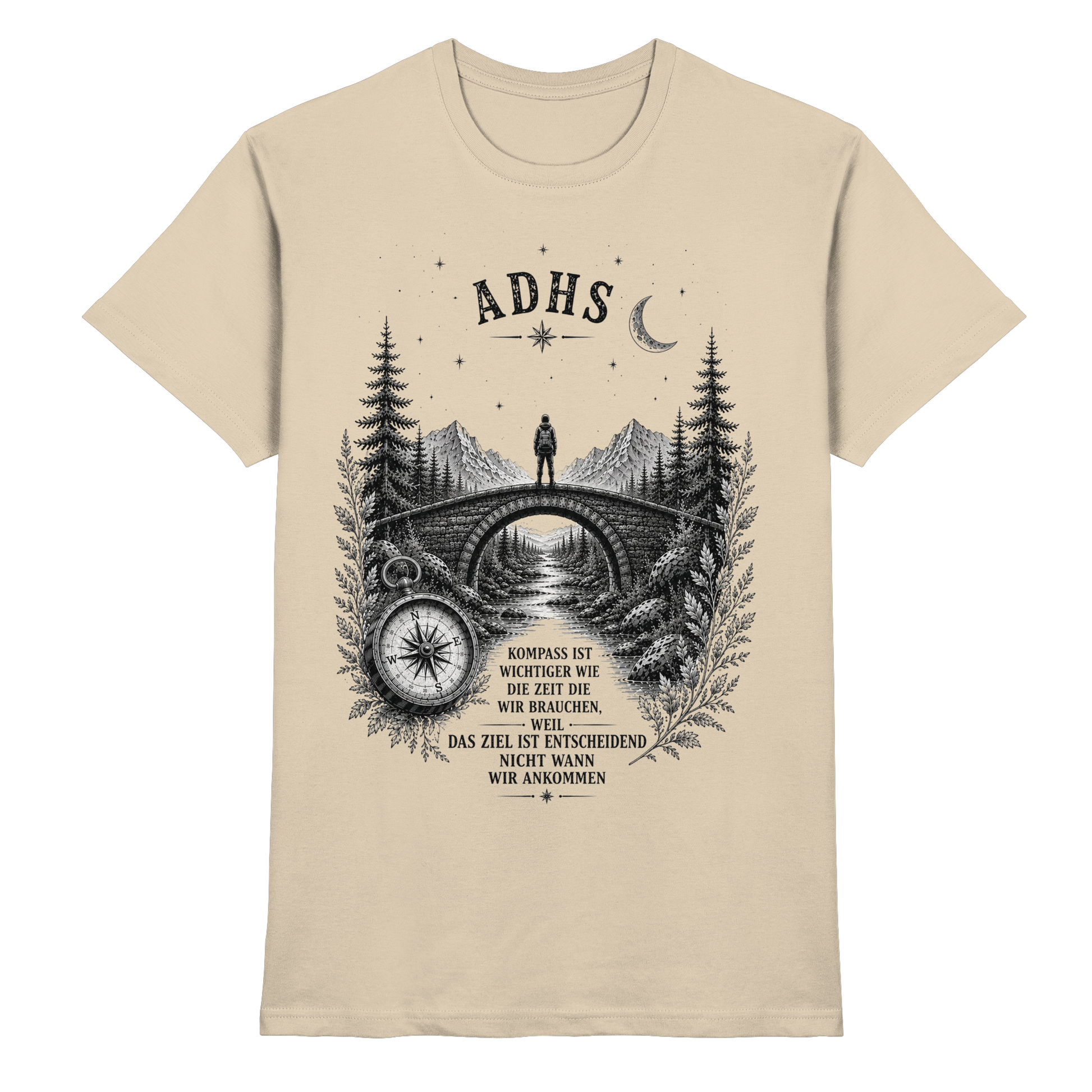 ADHS Kompass Shirt – Vintage Motivationsshirt mit Natur, Brücke & Kompass