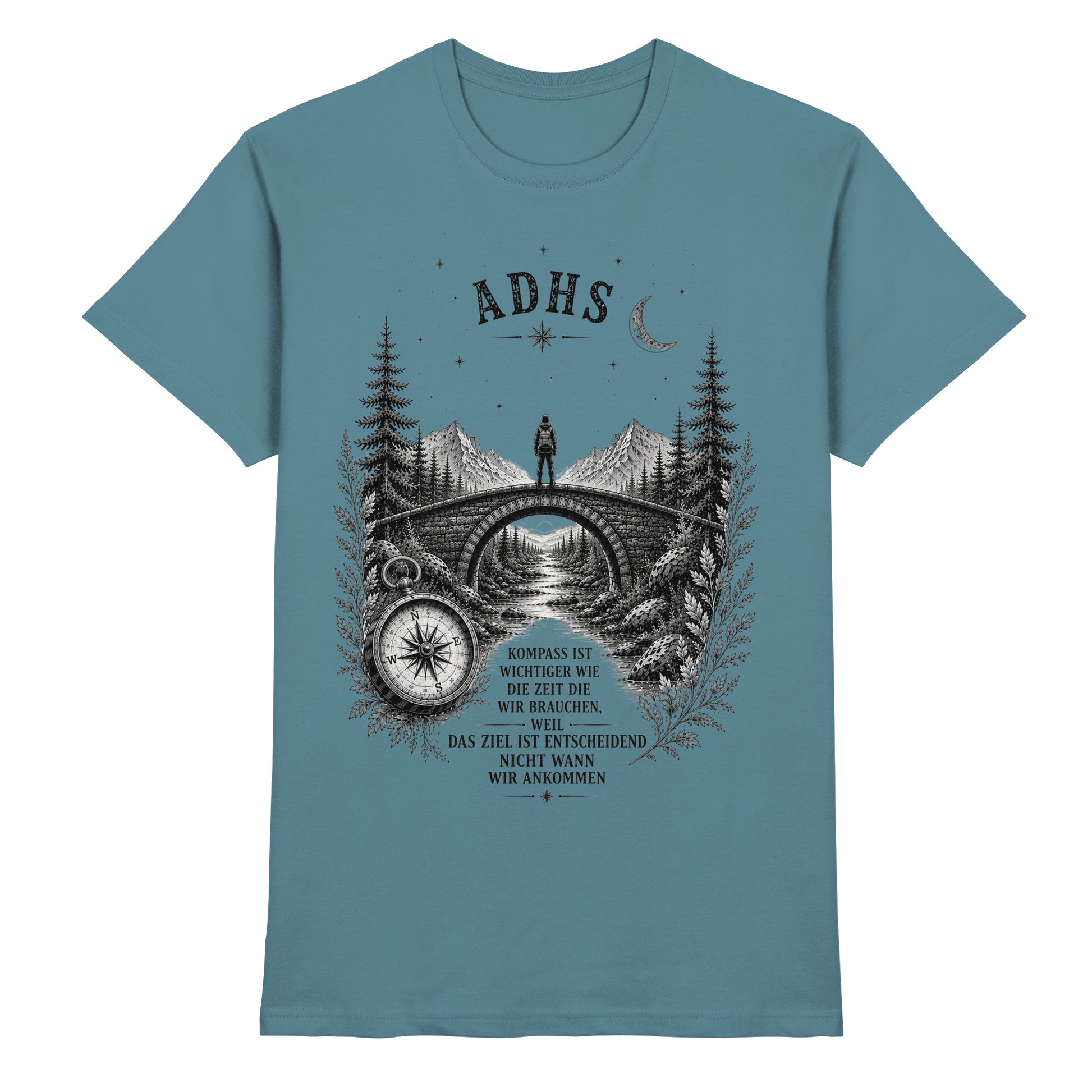 ADHS Kompass Shirt – Vintage Motivationsshirt mit Natur, Brücke & Kompass