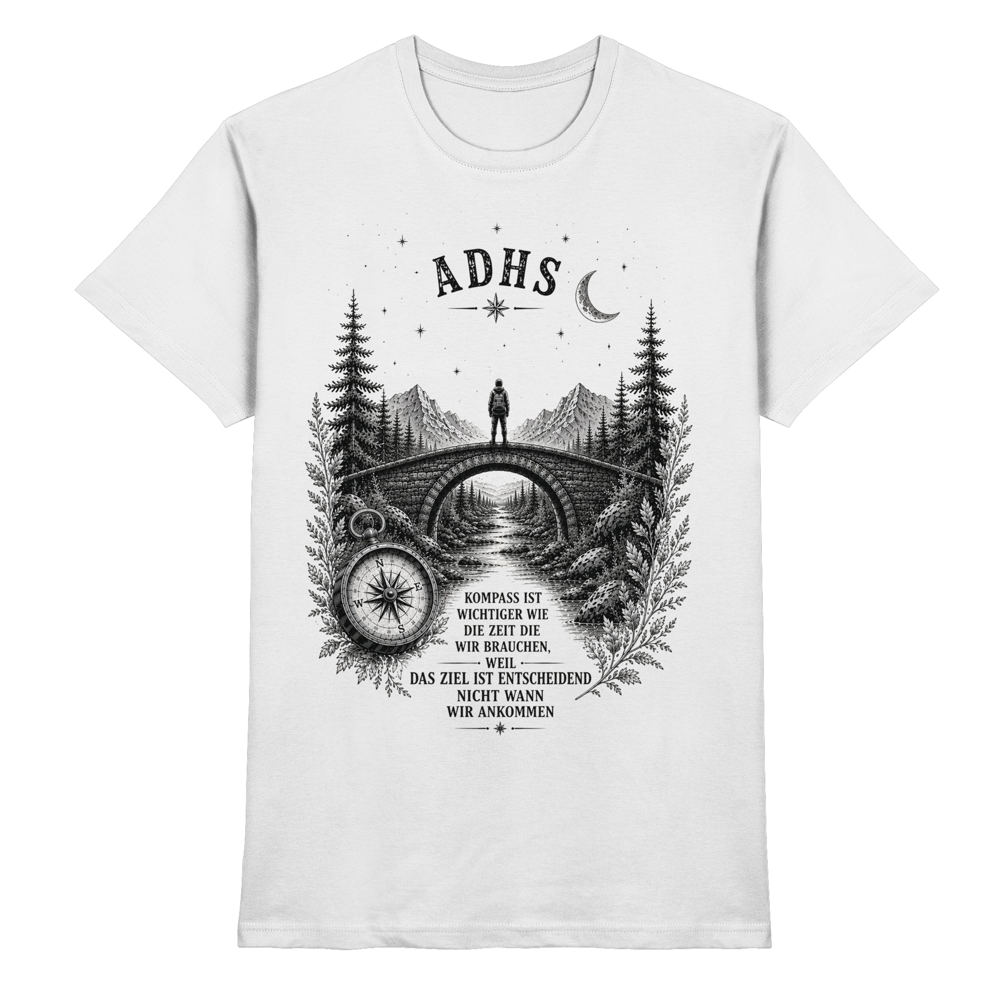 ADHS Kompass Shirt – Vintage Motivationsshirt mit Natur, Brücke & Kompass